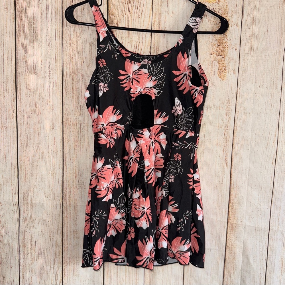 One Piece Swimsuit Slimming Skirted Bathing Suit, Swimdress, Black & Tropical M​ - Picture 5 of 11